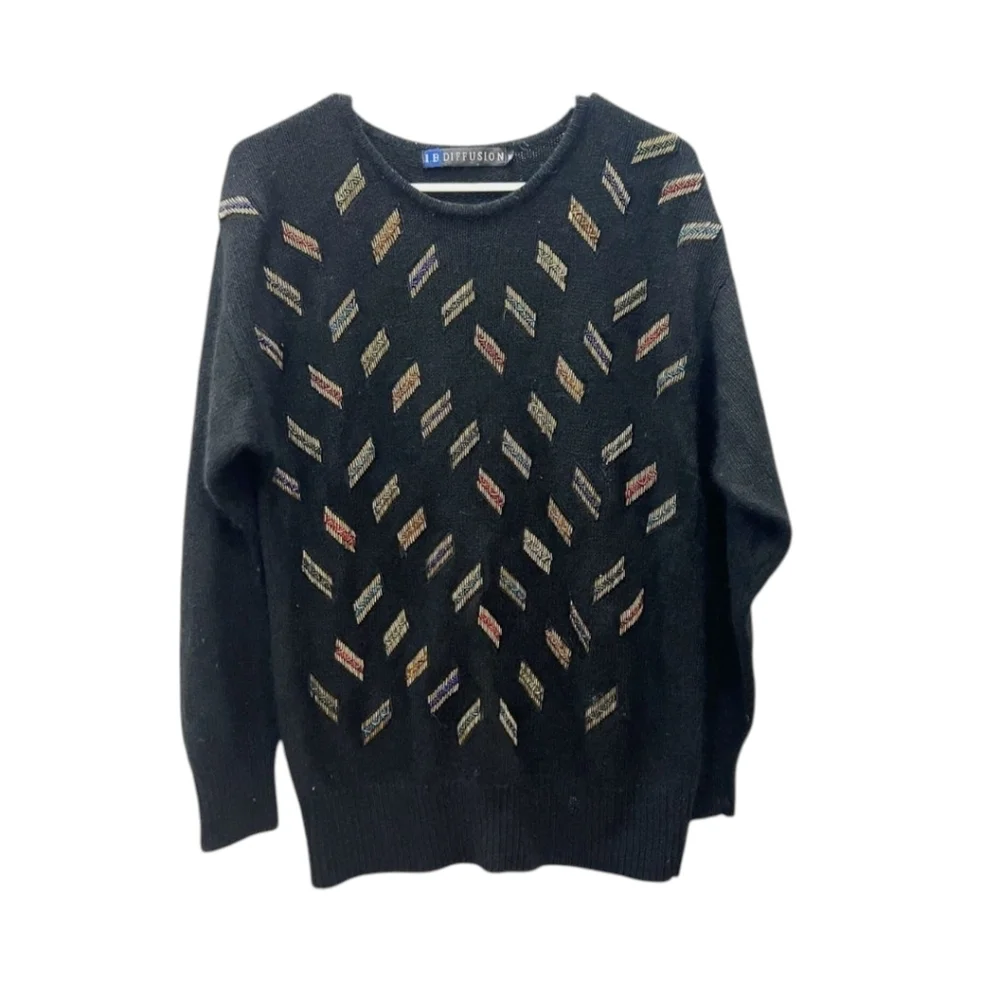 Vtg Silk/Angora Blend Luxe Beaded Black Long Sleeve Pull on Glam Sweater Sz M